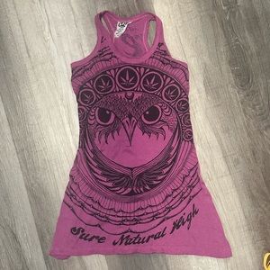 Sure purple cotton dress tunic with owl and pot leaves